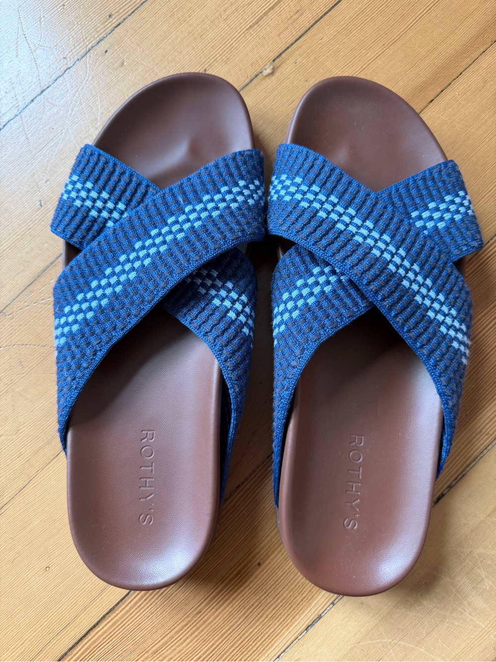 Rothy's Navy and Light Blue Knit Crossband Sandals